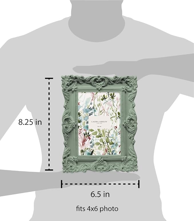 Laura Ashley 4x6 Matt Rosemary Ornate Textured Hand-Crafted Resin Picture Frame with Easel, for Tabletop & Wall Display, Decorative Floral Design Home Décor, Photo Gallery, Art (4x6, Matt Rosemary)