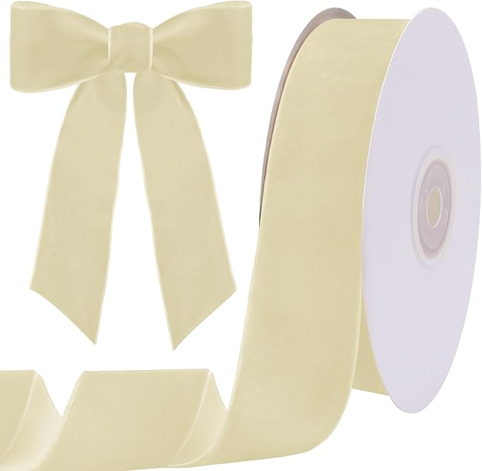 10 Yards Cream Velvet Ribbon 1 1/2 Inch for Christmas Tree,Ivory Velvet Christmas Ribbon for Gift Wrapping Crafts Bow Wreath Holiday Decorations (Cream)