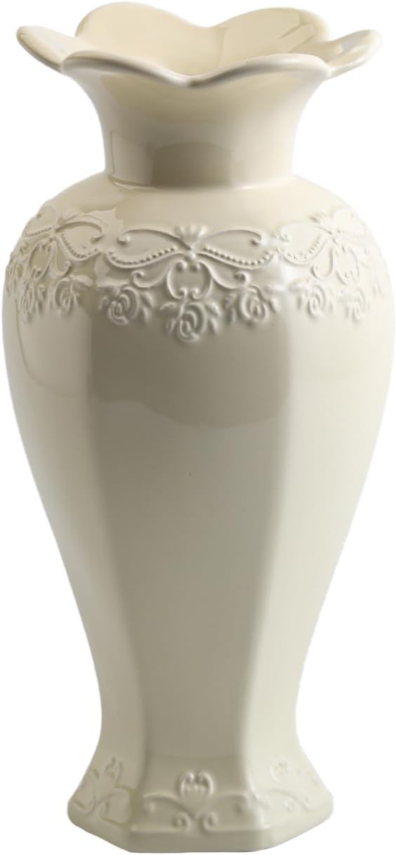 Relievo Elegant White Cream 8in 11in Ceramic Flower Tall Aesthetic Beige Table Tulip Wide Mouth Rose Filler Decorative Rustic Vase Decor for Home (Cream Vase, L)