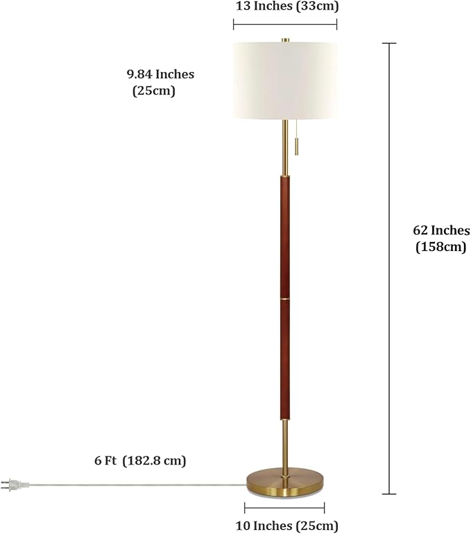 62" Walnut Gold Floor Lamp for Living Room, 1200LM 3-Way Dimmable Mid Century Modern Floor Lamp for Bedroom Office, Wood Vintage Standing Lamp Linen Shade, LED Bulb Included