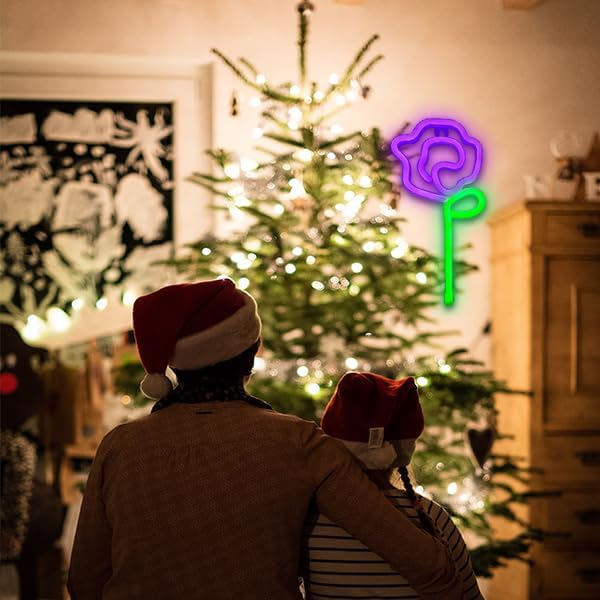 ENUOLI LED Neon Pink Rose Flower with Green Stem Wall Sign for Cool Light, Wall Art, Bedroom Decorations, Home Accessories, Party, and Holiday Decor Valentine's Day Present(Purple Rose)