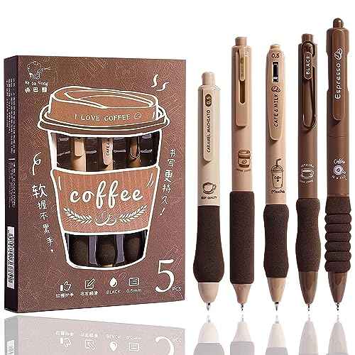 Cute Gel Pens 5Pcs Retractable Quick Dry Ink Pens 0.5mm Fine Point Black Ink Kawaii Smooth Writing Pens for School Office Supplies Aesthetic pretty pens (Coffee)