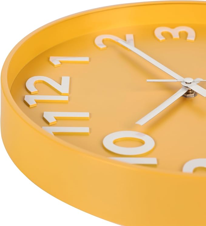 45MinST 12-Inch Modern Yellow Indoor/Outdoor Wall Clock, Silent Non-Ticking, Large Numbers, Accurate Timekeeping, Perfect Decorative Accent for Home or Office (Yellow)