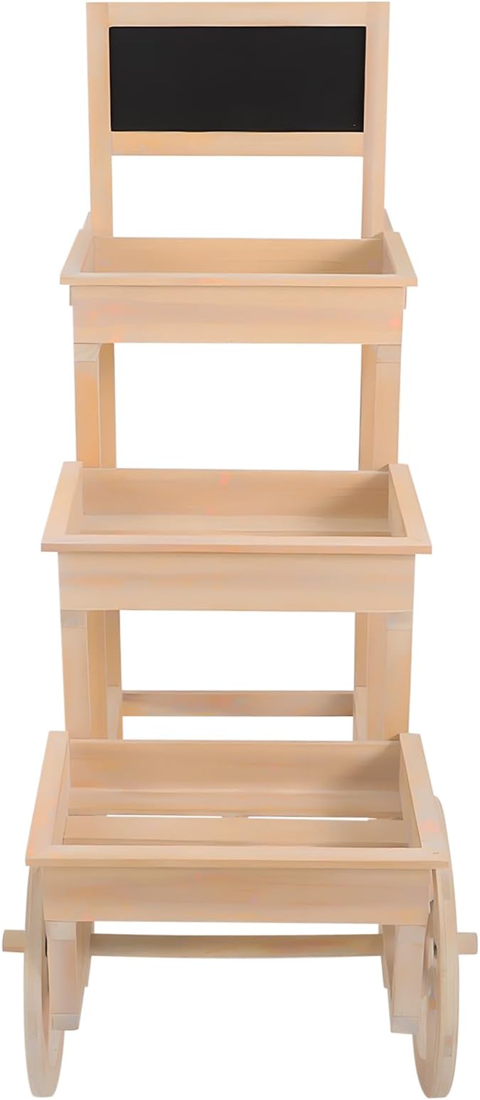 Flower Display Stand | 3-Tier Wood Flower Cart | Flower Cart Display Stand with Wheels | Ladder Shaped Plant stand | Market flower display Stand | Handle & Blackboard (Wood Color)