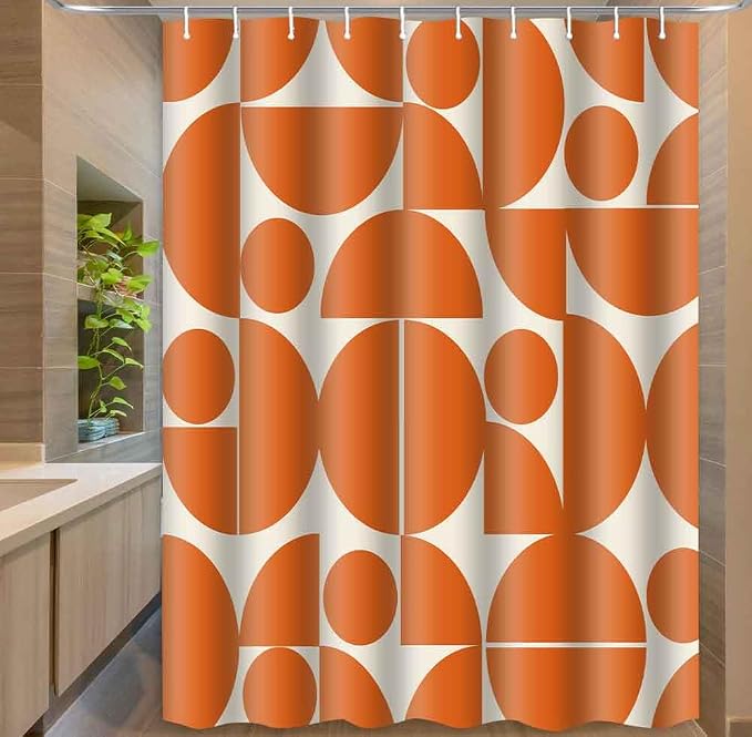 Vintage Orange Mid Century Modern Shower Curtain Boho Abstract Geometric Art Shower Curtains for Bathroom Decor 60x72 Inch 70s 80s Retro Washable Fabric Bathroom Set with 10 Hooks