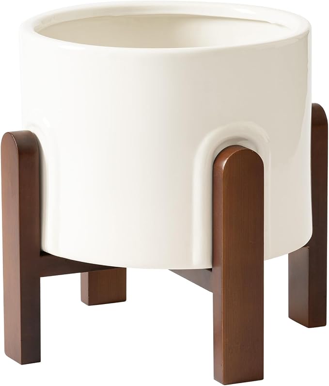 La Jolie Maison White Planter with Wood Stand, Large Ceramic Planter for Indoor Plants, 9 Inch Modern Planter Pots Whit Drainage Hole