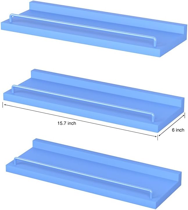 RYOFOBETTO Blue Floating Shelves, Room Decor Shelves,Pink Kawaii Room Decor Wall Shelves for Living Room, Bedroom, Picture Frames, Plants, Kitchen, Set of 3 (Blue)