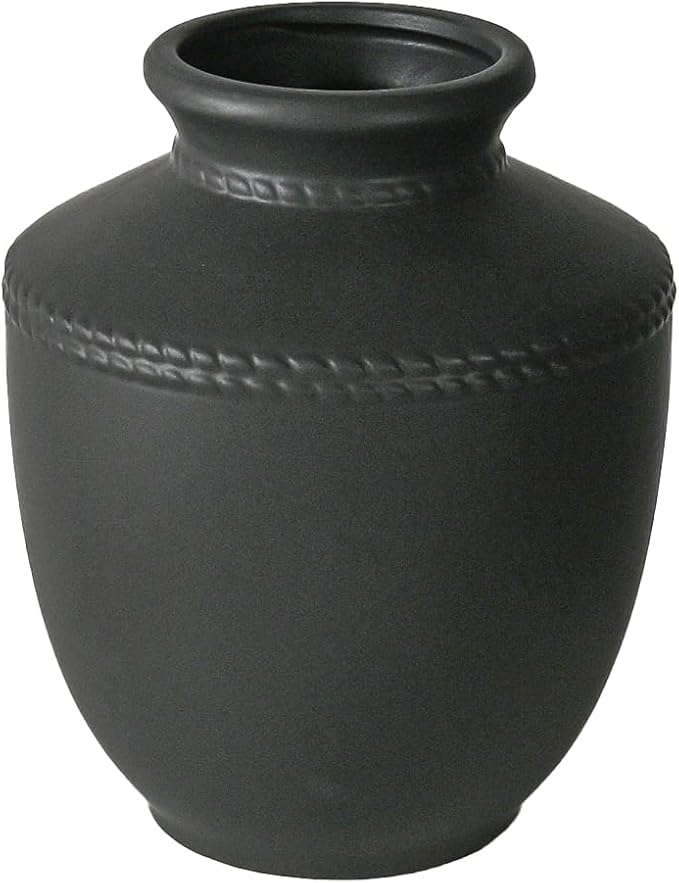 Farmhouse Ceramic Vase for Living Room Bedroom Black 7.45'' Flower Bouquet Vase for Fake Plant Home Decor Office Fireplace Centerpieces Rustic Retro Vintage Modern Gift Decoration