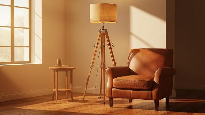 THOR INSTRUMENTS Vintage Classic Teak Wood Tripod Floor Lamp Nautical Floor Shade lamp Home Decor (Shade is Not Included) Rustic Vintage Home Decor Gifts