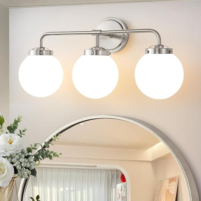 Bathroom Light Fixtures Over Mirror, 22.4'' Brushed Nickel Modern Vanity Lights with Milk White Glass Globe Shades 3-Light Farmhouse Wall Sconce Lighting