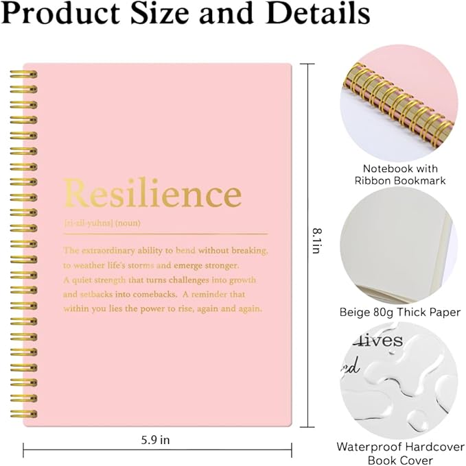 XQLZY Resilience Definition Pink Gold Spiral Notebook, Motivational Gifts for Lady Coworker, Resignation Retirement Promotion Gifts for Woman Coworker Boss Friend, Thank You Present for Office