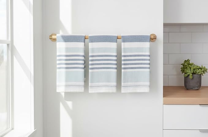 Serafina Home Blue White Kitchen Hand Dish Towels: Oversized 28" x 16",100% Cotton Cloth Soft Cleaning Drying Absorbent Striped Design, Set of 3 Multipurpose for Everyday Use (Blue Monica)