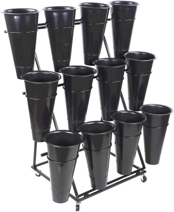 Decorative Display Stand With Buckets for Cut Flowers, Heavy Duty Rolling Plant Stand on Wheels, Indoor Outdoor Cart Ladder Shelf for Florist, Garden, Patio (3 Tier 12 Black Bucket)