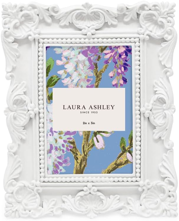 Laura Ashley 2x3 White Ornate Textured Hand-Crafted Resin Picture Frame with Easel, for Tabletop & Wall Display, Decorative Floral Design Home Décor, Photo Gallery, Art & More (2x3, White)