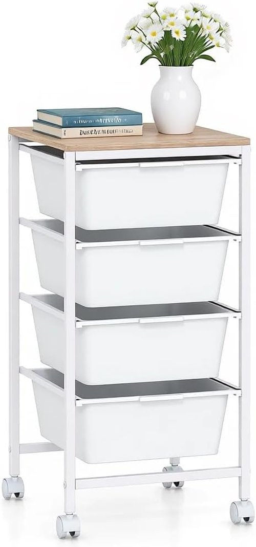 LDAILY 4-Drawer Rolling Storage Cart - Metal Frame with Wooden Tabletop & Lockable Wheels | White