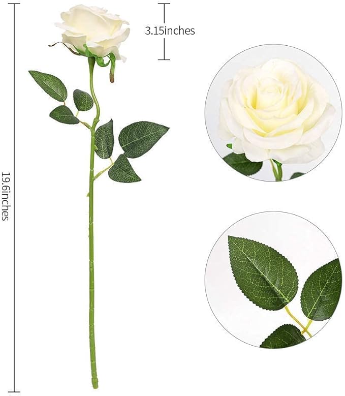 Kisflower 12Pcs White Roses Artificial Flowers, Realistic Single Stem Flowers Silk Rose Bouquet for Wedding Party Office Home Decor (White)