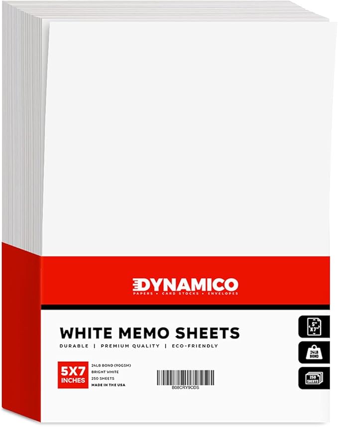 White Memo Sheets Paper – Perfect for Quick Notes, To-Do Lists and Reminders for School, Office and Business | 5 x 7 Inches | 24lb Bond / 60lb Text (90gsm) Paper | 250 Sheets per Pack