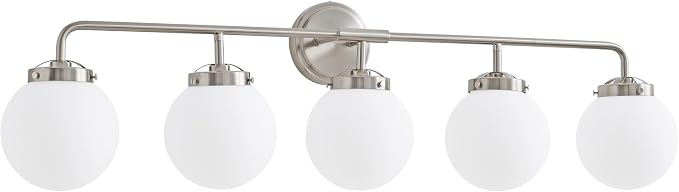 Bathroom Light Fixtures Over Mirror, Brushed Nickel Modern Vanity Lighting with Milk White Glass Globe Shades 5-Light Farmhouse Wall Sconce