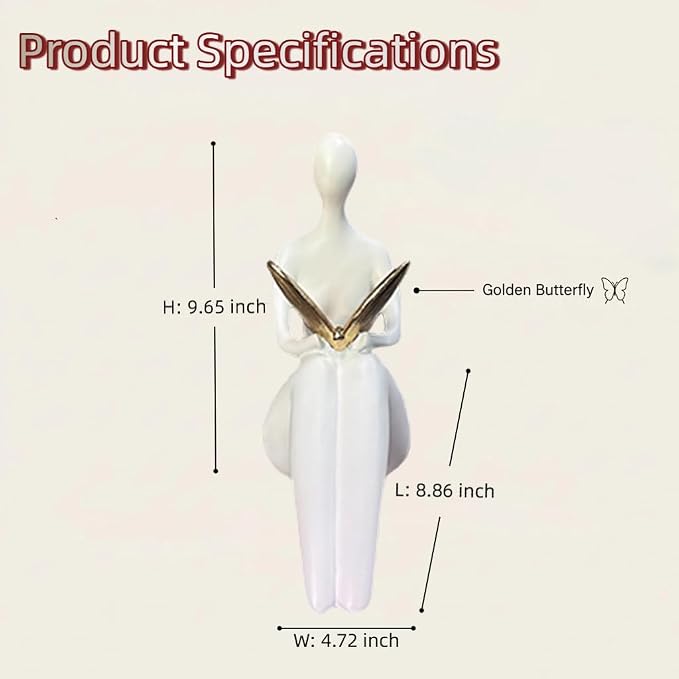 Lescafita White Abstract Sitting Figurine with Gold Butterfly – Modern Shelf Sitter Sculpture for Home Decor, Minimalist Statue, Elegant Desk Ornament for Living Room, Office & Bookshelf Decoration