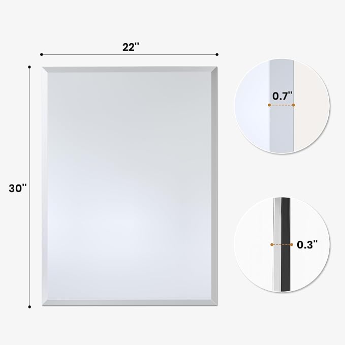 22 x 30 Inch Rectangular Bathroom Mirror, Frameless Beveled Vanity Mirror for Over Sink, Solid-Backed 2-Way Wall Mirror for Powder Room and Entryway