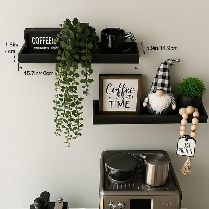 Floating Shelves with Raised Lip for Wall, 15.7 Inch Black Wooden Floating Wall Shelves, Set of 2, Wall Shelves for Bedroom Bathroom Living Room, Rustic Storage Display Shelves