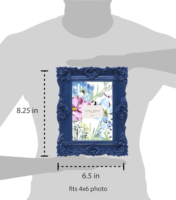 Laura Ashley 4x6 Navy Ornate Textured Hand-Crafted Resin Picture Frame with Easel & Hook for Tabletop & Wall Display, Decorative Floral Design Home Décor, Photo Gallery, Art, More (4x6, Navy)