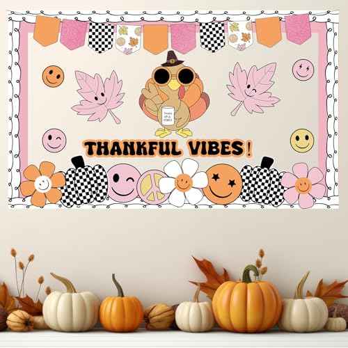 Groovy Thanksgiving Turkey Bulletin Board Thankful Vibes Boarders Decor Hippie Turkey Daisy Give Thanks Cutouts Decorations Autumn Groovy Bulletin Board for Kids Office School Wall Party Supply