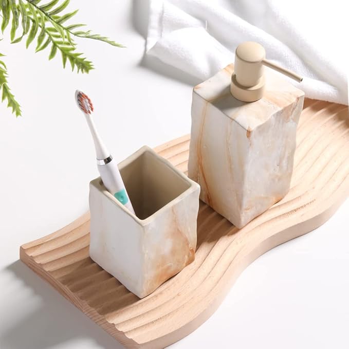 RQYIXI Bathroom Accessories Set 4 Pcs Marble Look Sets Toothbrush Holder Soap Dispenser Counter Top Ceramic Bathroom Decor Set Beige