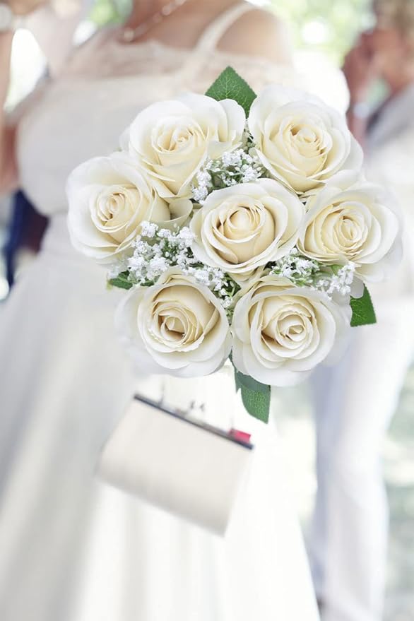 Artificial Rose Flower Artificial Flowers Flower with Long Stem Silk Roses Bouquet for Wedding Bridal Shower Party Home Decoration (Beige, 30 Pcs)