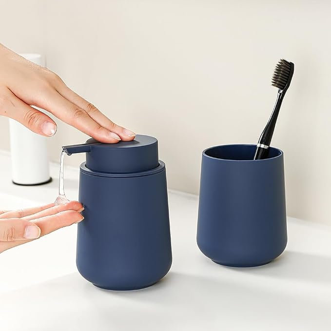 YAUKPH Matte Blue Bathroom Accessories 2 Piece Set Plastic Soap Dispenser and Toothbrush Holder for Modern Bathroom Decor