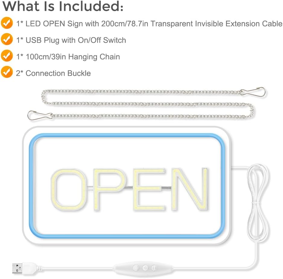 Skiennix Neon Open Sign - Bright 16"x9" COB LED Light with USB Plug & ON/OFF Switch | Ice Blue & White for Business, Shop, Hotel