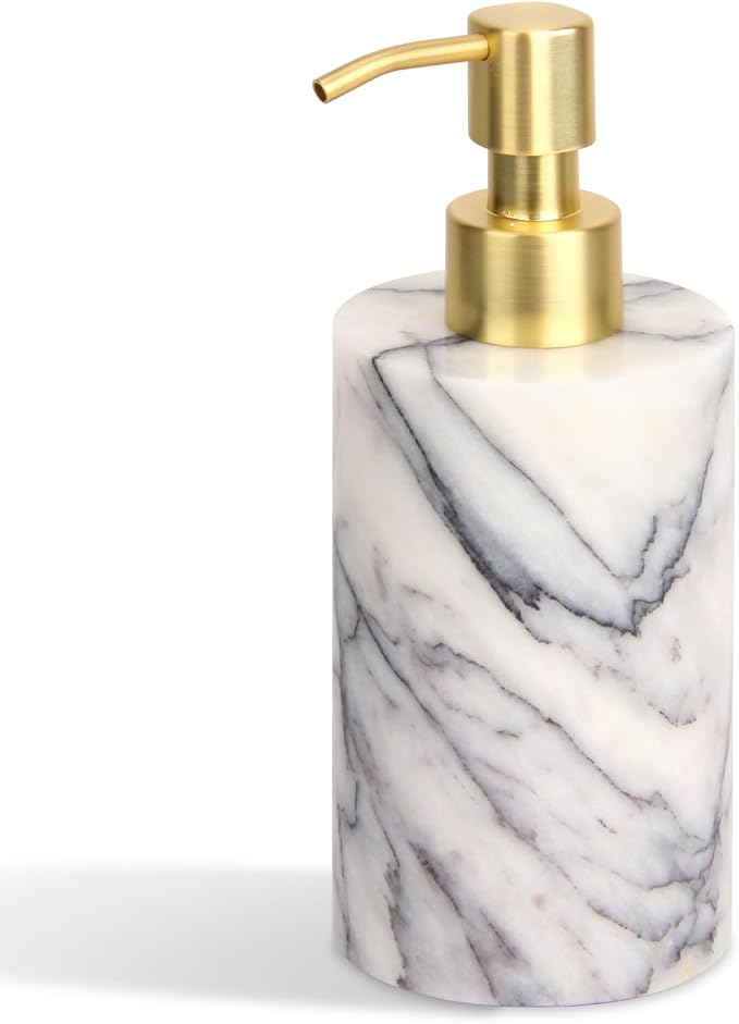 Natural Marble Soap Dispenser for Bathroom and Kitchen Countertop - 5.41 Ounces Hand Lotion and Liquid Stone Shampoo Laundry Bottle with Pump (1, Lilac, Cylindrical Bottle)