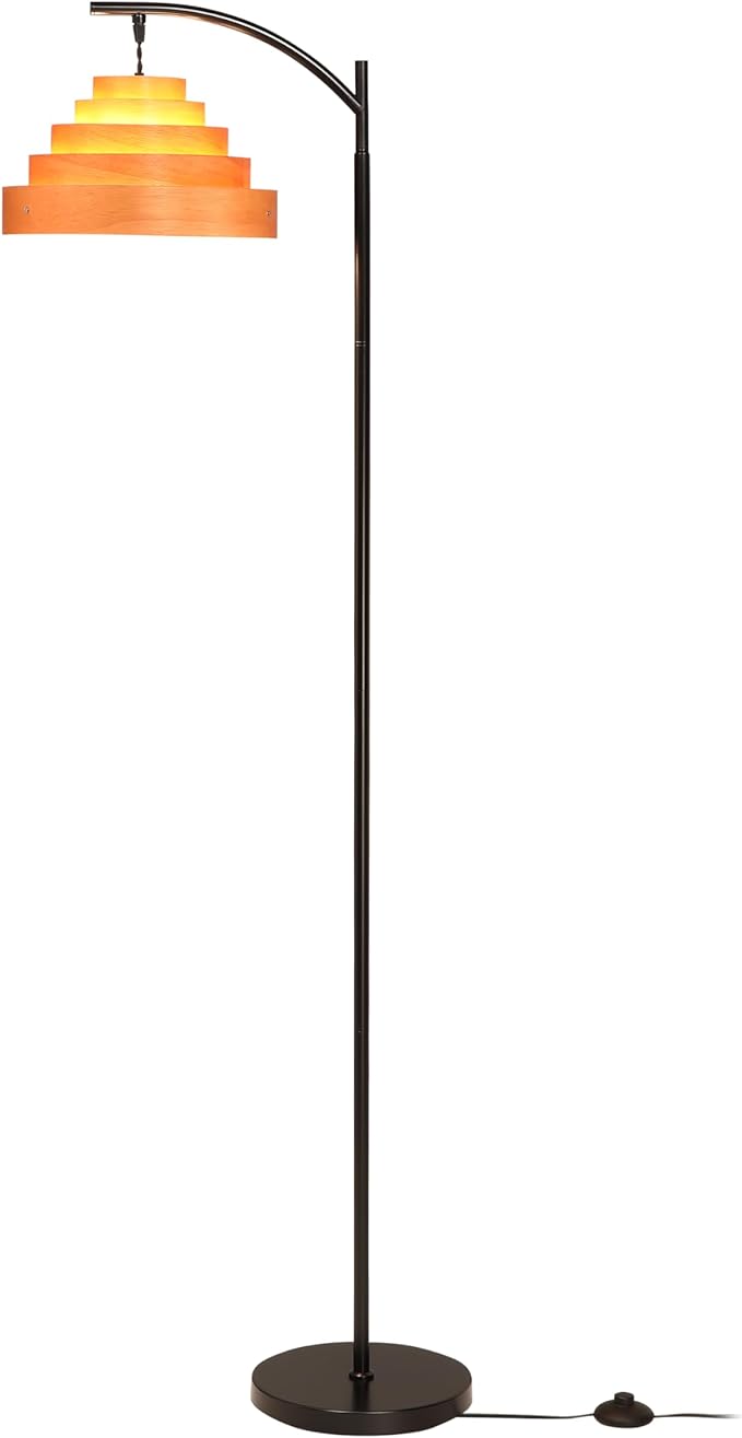 O’Bright Strata Wooden Floor Lamp - Mid Century Modern Standing Lamp with Layered Wood Shade, Tall Reading Lamp for Living Room, Bedroom, Office, Black, Light Oak, Cascade Shade