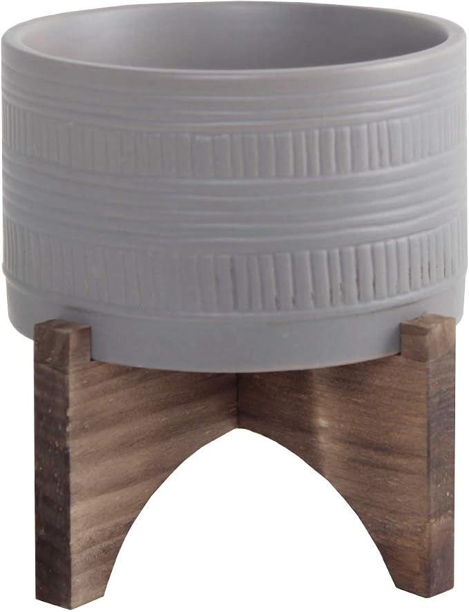 Flora Bunda Mid-Century 5 Inch Pueblo Texture Planter on Wood Stand,Pueblo Dark Grey 5"
