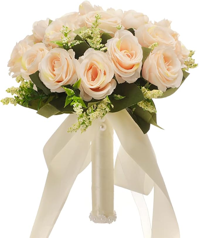 CYANLUX Wedding Bouquets for Bride Bridesmaid Bouquet Champagne White Artificial Roses Flowers for Wedding Valentine's Day Church Home Decoration (1#Champagne)…
