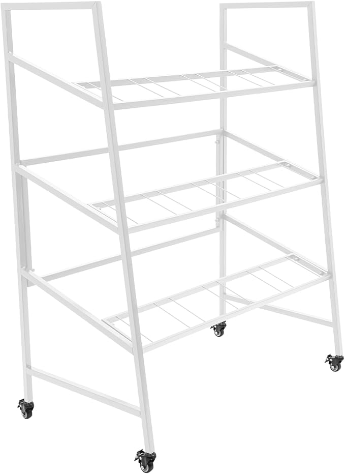 3-Layers Flower Display Stand Metal Plant Holder with 12PCS Buckets Moving Plant Cart Shelf Flower Shelf for Florist Garden Patio,3.28 * 1.84 * 4.04ft (White Frame With White Buckets)