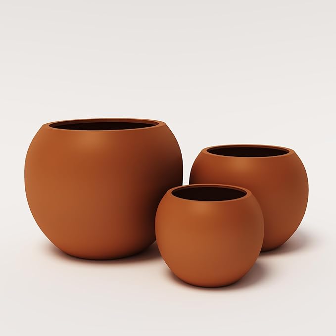 DTY Signature Mount Sherman Modern Indoor Outdoor Fiberstone Sphere Planter, Durable Round Garden Pot, Weather Resistant, Drainage Hole & Rubber Plug, Planter for Christmas Tree - Small, Terracotta