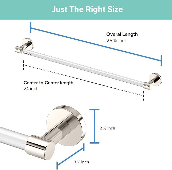 Gatco 5720 Clarion 24" Bathroom Towel Bar, Polished Nickel, Wall-Mounted Towel Rack, Crystal-Clear Acrylic Modern Bathroom Accessory