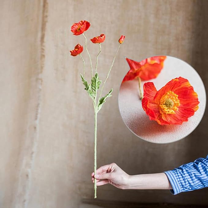 Artificial Flowers 6 Stems Poppy Silk Bouquet,for Wedding, Home, Party Decoration,Table Centerpiece Arrangement(Dark Orange)