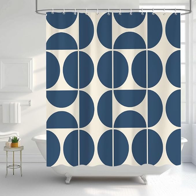 Dark Blue Mid Century Modern Shower Curtain, Boho Abstract Geometric Retro Art Shower Curtains for Bathroom, Colorful Unique Pattern Polyester Fabric Shower Curtain Set 12 Hooks 72X72IN