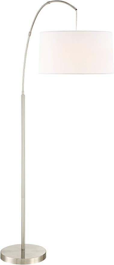360 Lighting Cora Modern Arched Task Floor Lamp Standing 72" Tall Brushed Nickel Silver Off White Linen Fabric Drum Shade for Living Room Reading House Bedroom Home Decor