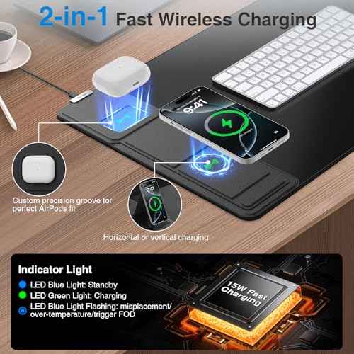 Wireless Charging Mouse Pad with Foldable Phone Holder, 31.5"x15.8" Large Desk Mat for Laptop/Keyboard, Waterproof Ultra-Smooth Surface, Non-Slip Base, Black