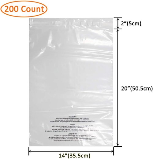 Skiennix 200 Count Self-Seal Clear Poly Bags - 14x20 Inch with Suffocation Warning & Permanent Adhesive