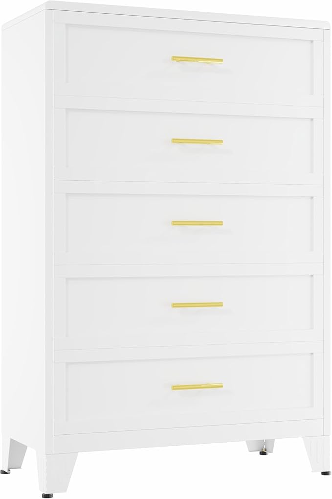 5 Drawers White Dresser for Bedroom, 53.46" Tall Metal Dressers & Chests of Drawers Curved Corner Design, Storage Organizer Drawer Chest with Large Capacity for Living Room, Entryway, Hallway