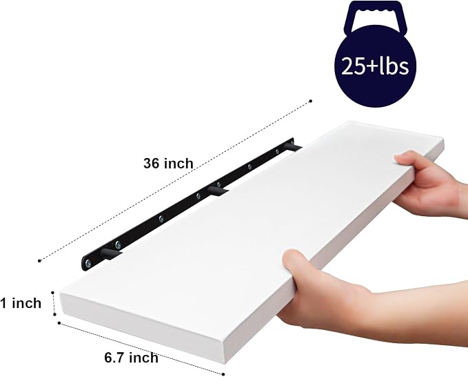 SAUMONIERES Floating Wall Shelves for Bedroom Bathroom Wall Mounted Solid Wood 36 Inches Long Shelf Set of 2, White Floating Shelves