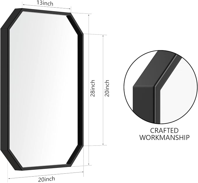 20"x28" Octagon Metal Mirror, Farmhouse Black Bathroom Mirror, Rectangle Wall Mounted Vanity Mirror Hanging for Bedroom Entryway Living Room Farmhouse Horizontal/Vertical