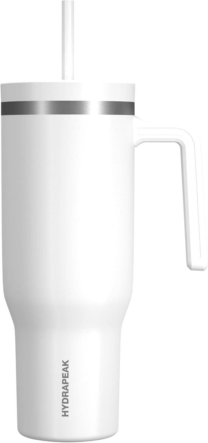 Hydrapeak Voyager 40 Oz Stainless Steel Tumbler with Handle, Insulated Water Bottle With Straw & Lid, Cupholder Friendly Reusable Travel Mug (White)