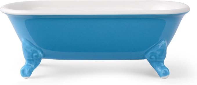 6.5" Ceramic Mini Decorative Clawfoot Bathtub Bar Soap Dish, Kitchen Sponge Holder and Shower Tray for Bathroom, 1 Pack(Pacific Blue)