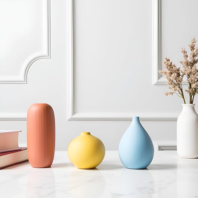 Vase Set of 3, Ceramic Matte Vases Modern Home Table Decor, for Living Room Tabletop, Bedroom, Shelf, Office Bookshelf, Entryway & Coffee Table, Creative Desktop Pieces for Minimalist