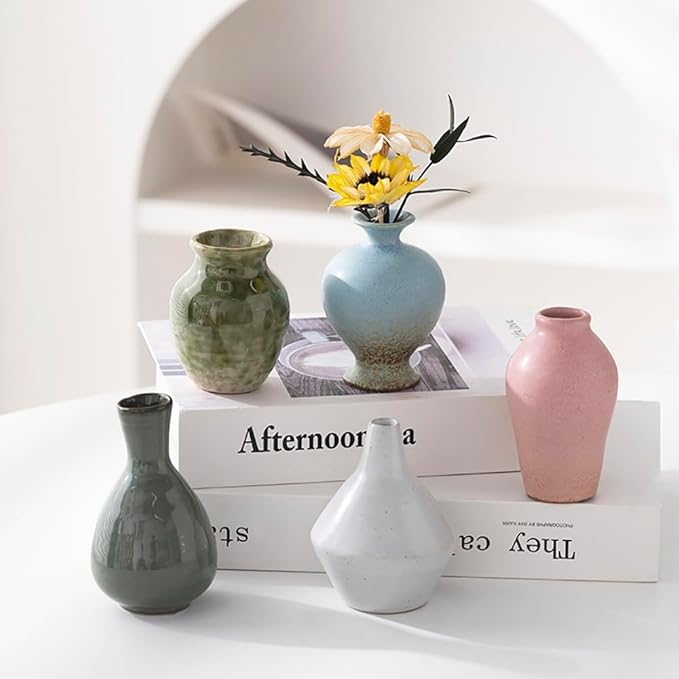 Set of 5 Ceramic Bud Vase - Home Decor Dried Flower Arrangement Small Vase, Gradient Glaze Design, Home, Living Room, Dining Table, Farmhouse, Office Decor, Bedroom, Dining Table, Kitchen Shelf